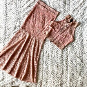 LG Pink Rose Floral Lace Two Piece Cropped Halter Tank & Mermaid Skirt | Size XS